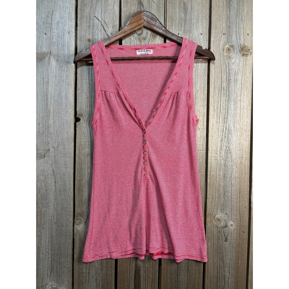 Michael Stars Red White Striped Henley Tank Top Sleeveless V-Neck 5806 One Size